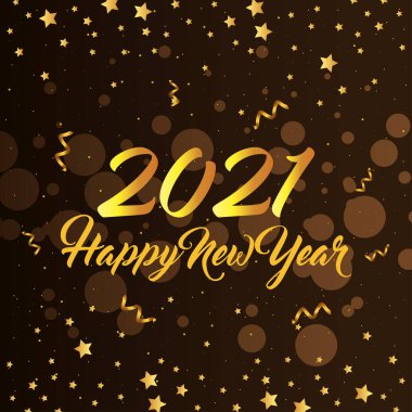 2021 Altın konfeti ve yıldız vektör tasarımı ile mutlu yıllar
