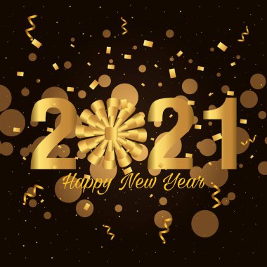 2021 Altın hediye yayı ve konfeti tasarımı ile mutlu yıllar.
