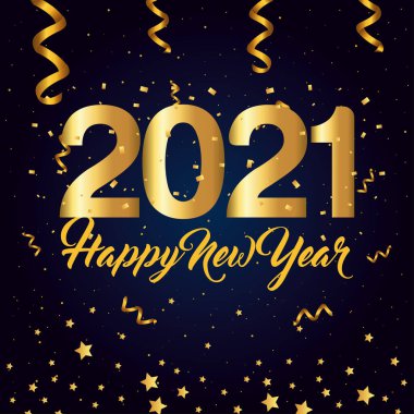 2021 Altın konfeti ve yıldız vektör tasarımı ile mutlu yıllar