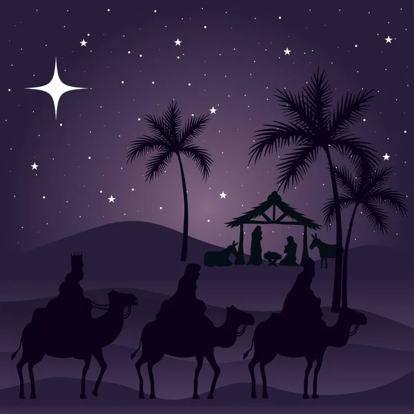 Kerststal Mary Josef baby en wijze mannen op paarse achtergrond vector ontwerp — Stockvector