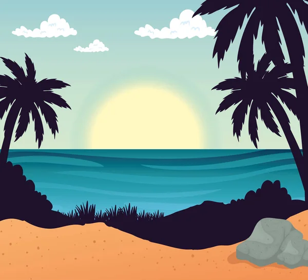 Strand met palmbomen stenen en zee vector ontwerp — Stockvector