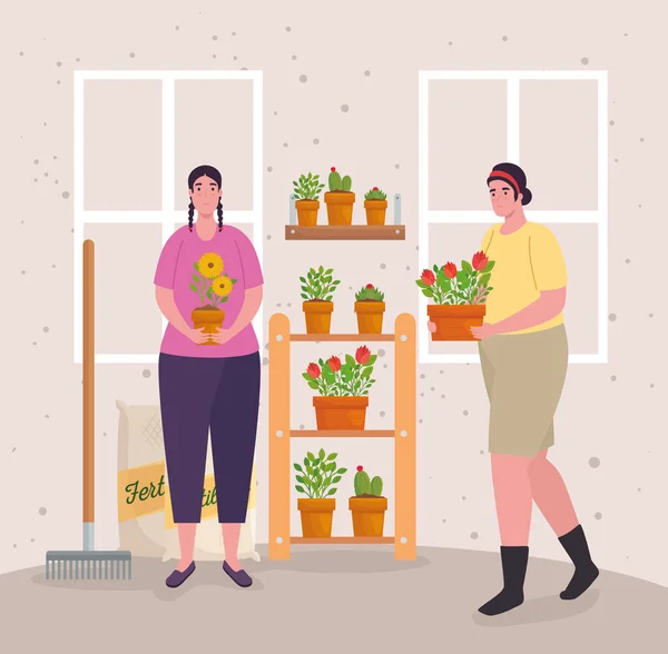 Jardinage des femmes avec des plantes sacs d'engrais et râteau vecteur conception — Image vectorielle