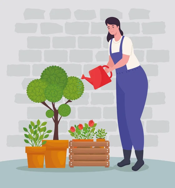 Jardinería mujer con regadera y plantas diseño de vectores — Archivo Imágenes Vectoriales