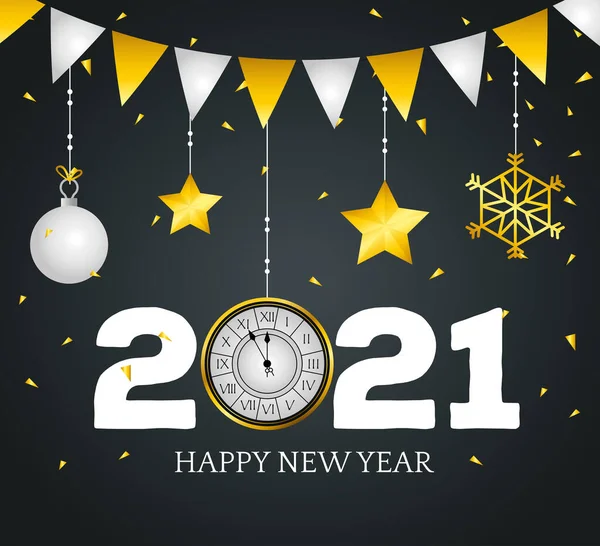 2021 Gelukkig nieuwjaar met klok vector ontwerp — Stockvector