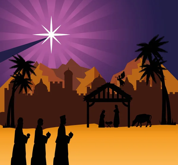 Crăciun fericit Nașterea Domnului trei bărbați înțelepți Mary Joseph și copil la design vectorial deșert — Vector de stoc