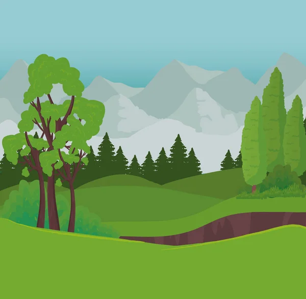 Paisaje de árboles y arbustos frente al diseño de vectores de montañas — Vector de stock