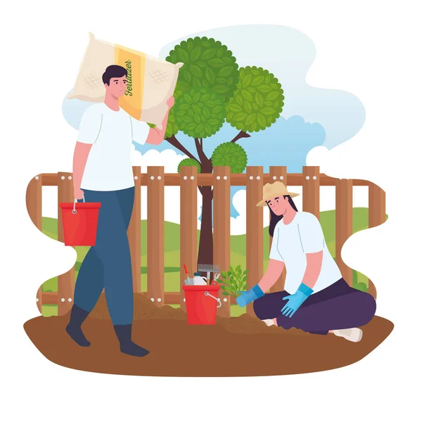 Κηπουρική άνδρας και γυναίκα με κουβάδες διάνυσμα σχεδιασμό — Διανυσματικό Αρχείο