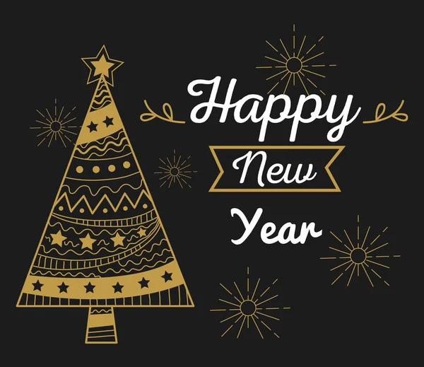 Feliz ano novo com árvore de pinho e flocos de neve vetor design — Vetor de Stock