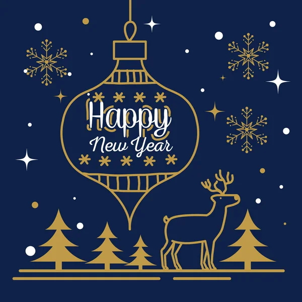 Happy new year 2021 with reindeer sphere and pine trees vector design — Stock Vector