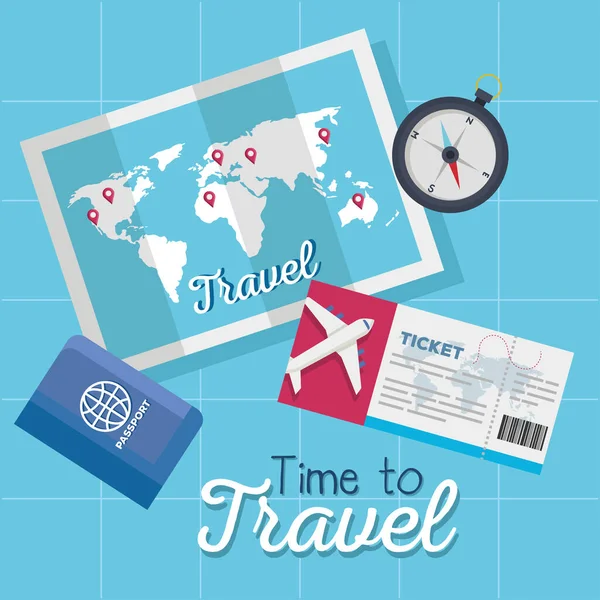 Time to travel ticket map passport and compass vector design — Stock Vector