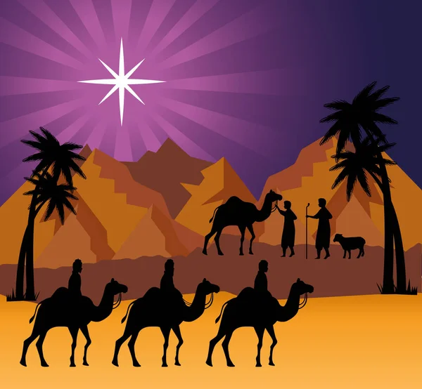 Joyeux Noël nativité trois sages au design vectoriel désert — Image vectorielle