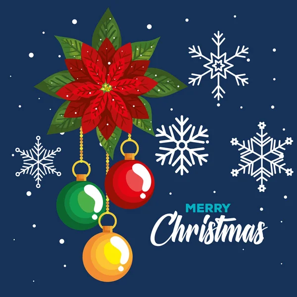 Flor de Navidad decorativa con bolas colgando y copos de nieve, bandera de año nuevo y feliz celebración de Navidad — Archivo Imágenes Vectoriales