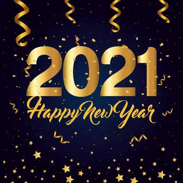 2021 Gelukkig nieuwjaar met gouden confetti en sterren vector ontwerp — Stockvector