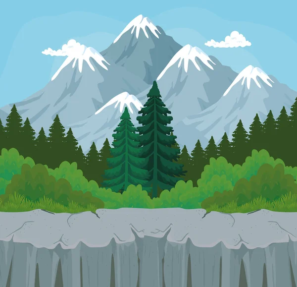 Paisaje de pinos con arbustos en frente de las montañas diseño de vectores — Vector de stock