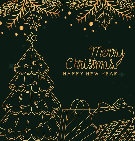 Feliz Navidad feliz año nuevo pino bolso y regalo vector de diseño — Archivo Imágenes Vectoriales