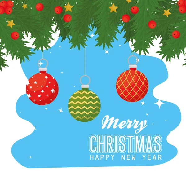 Merry christmas happy new year with spheres berries and leaves vector design — Stock Vector