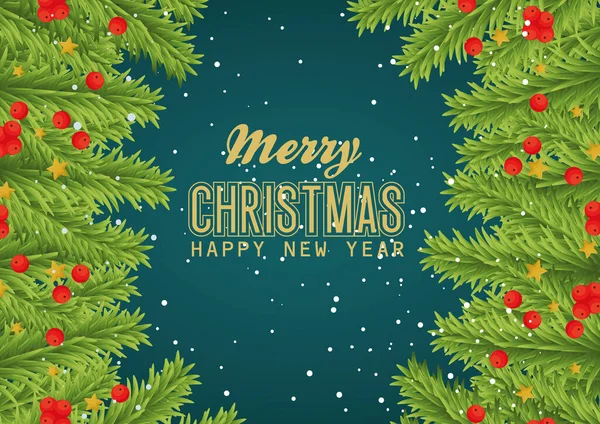 Veselé Vánoce šťastný nový rok s bobulemi a listy vektorový design — Stockový vektor