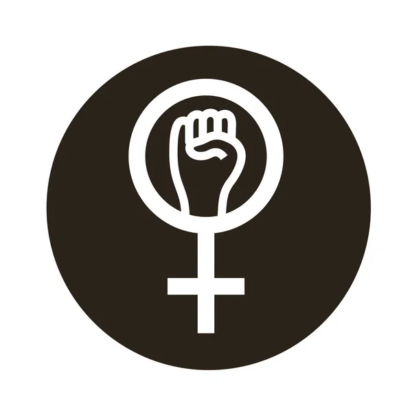 Kvinnligt kön symbol med hand näve block stil ikon — Stock vektor