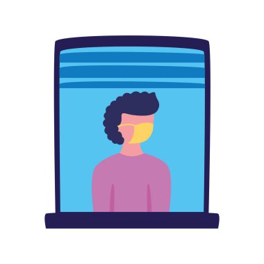 Evin penceresinde tıbbi maske takan adam.