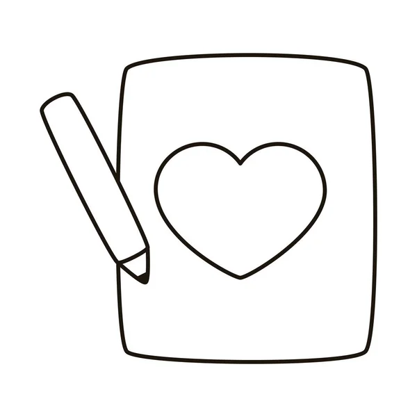 Lärobok med penna och hjärta leveranser ikon — Stock vektor