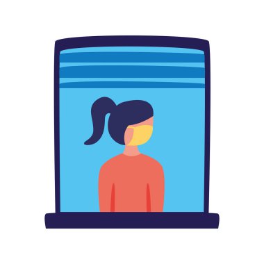 Ev penceresi karakterinde tıbbi maske takan kadın