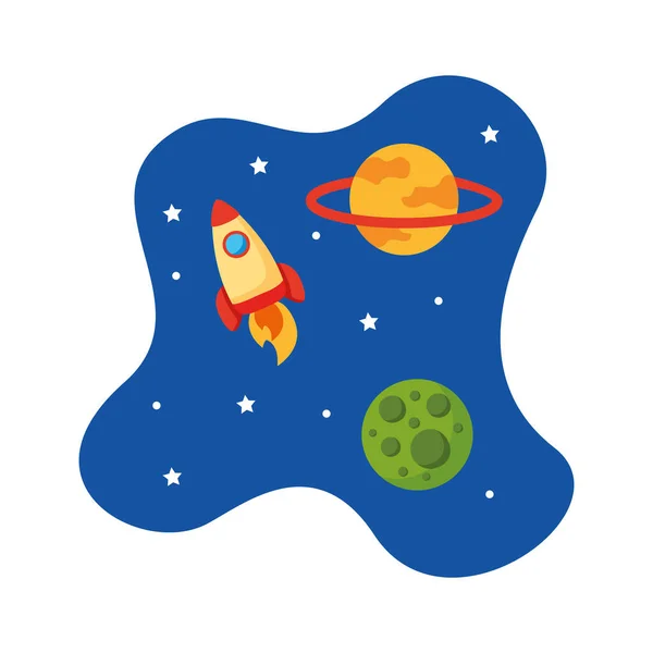 Fusée lanceur vaisseau spatial avec univers scène plat style icône — Image vectorielle