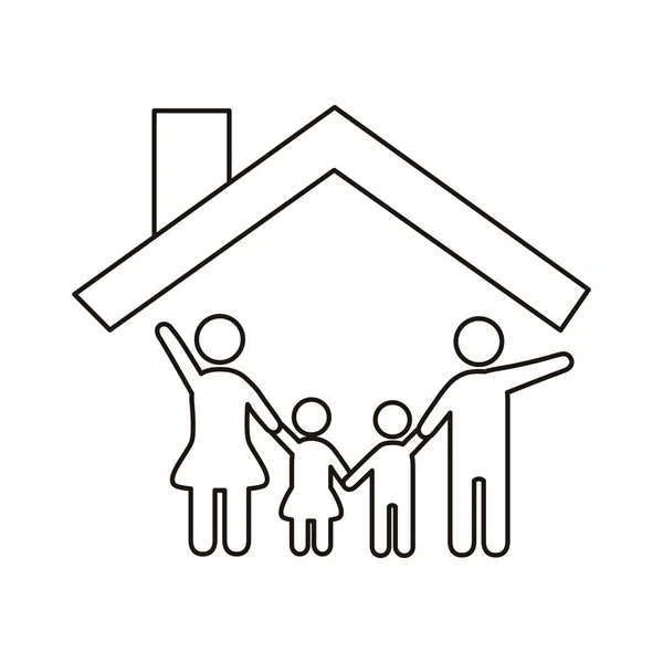 Padres pareja y niños figuras en la línea de la casa icono de estilo — Vector de stock
