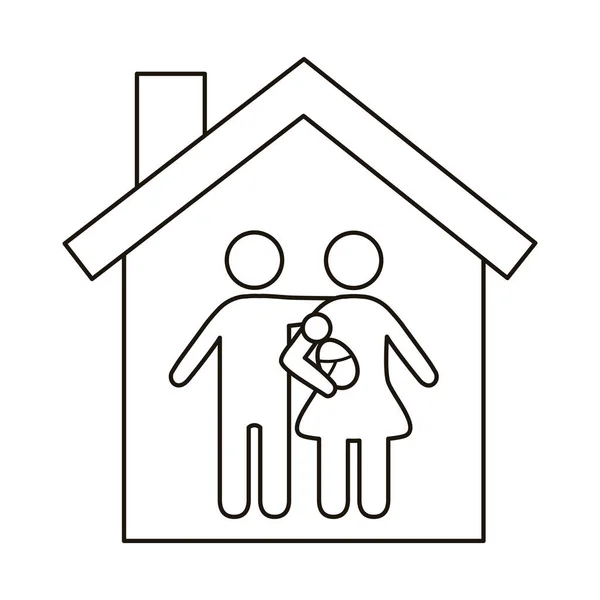 Padres pareja levantamiento bebé familia figuras en casa línea estilo icono — Archivo Imágenes Vectoriales