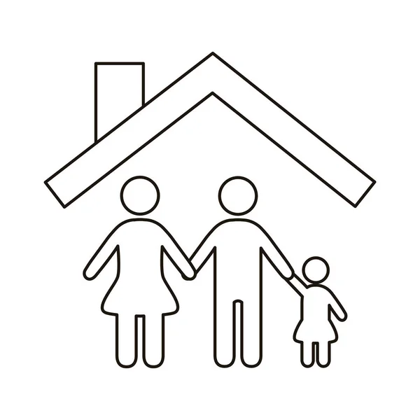 Couple de parents avec des figures de fille dans la maison icône de style ligne — Image vectorielle