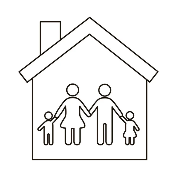 Szülők pár és gyermekek figurák ház vonal stílus ikon — Stock Vector