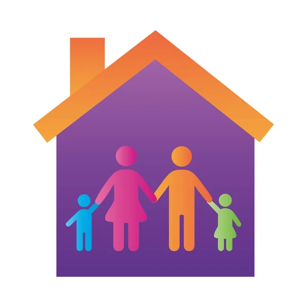 Elternpaar und Kinder Figuren im Haus degradierende Stil-Ikone — Stockvektor