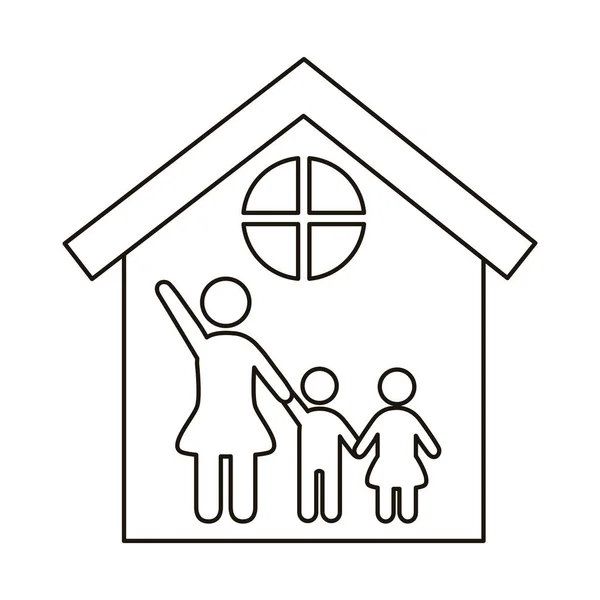 Figures maman et enfants dans l'icône de style de ligne de maison — Image vectorielle