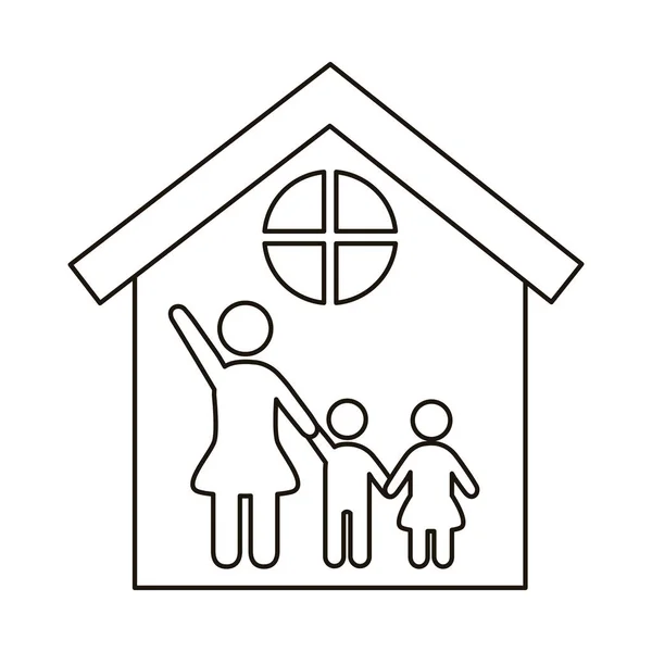 Mom and kids figures in house line style icon — Stock Vector