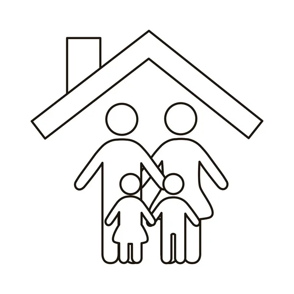Parents couple and children figures in house line style icon — Stock Vector