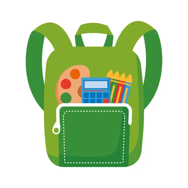 Σχολική τσάντα με κραγιόνια και αριθμομηχανή επίπεδη στυλ εικονίδιο — Διανυσματικό Αρχείο