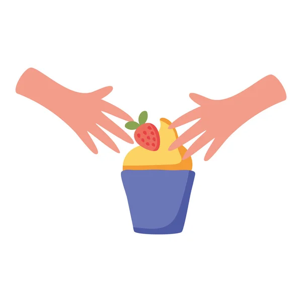 Hands with sweet cupcake and strawberry isolated icon — Stock Vector