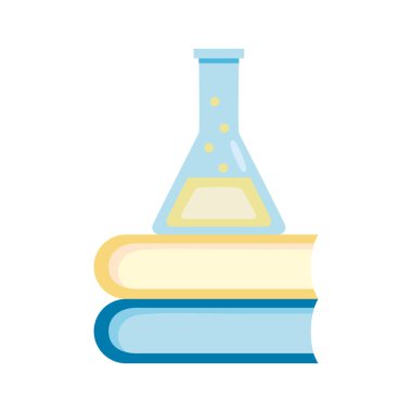 Yığınla kitap içinde tıbbi tüp test şişesi laboratuvarı düz simge