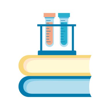 Yığınla kitap içeren tıbbi tüp testleri laboratuvar düz simgeleri