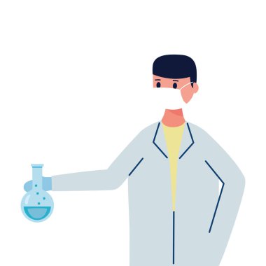 Erkek doktor tüp test tüpü ile tıbbi maske ve düz laboratuvar ikonu takıyor