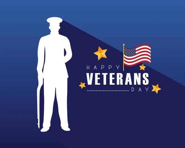 Heureux vétérans lettrage de jour avec silhouette officier — Image vectorielle