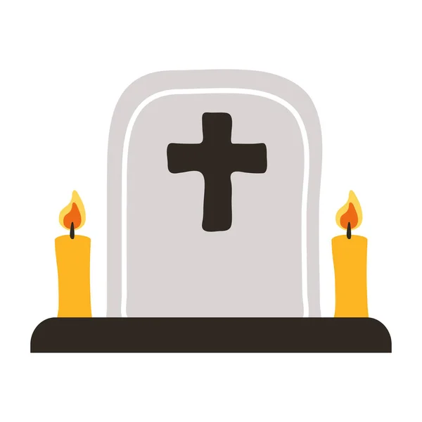 Hřbitovní hrob s křížem a svíčkami plochý styl ikony — Stockový vektor