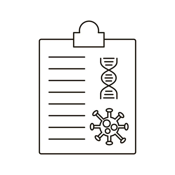Covid19 partikel och DNA molekyl i medicinsk ordning linje stil ikon — Stock vektor