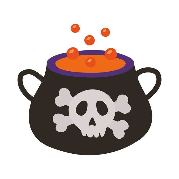 Olla de caldero de bruja con sello de calavera icono de estilo plano — Vector de stock