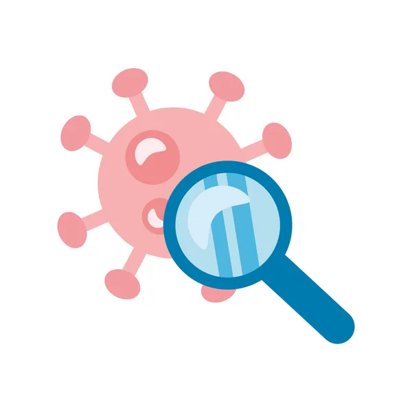 Covid19 particle and magnifying glass flat style icon — Stock Vector