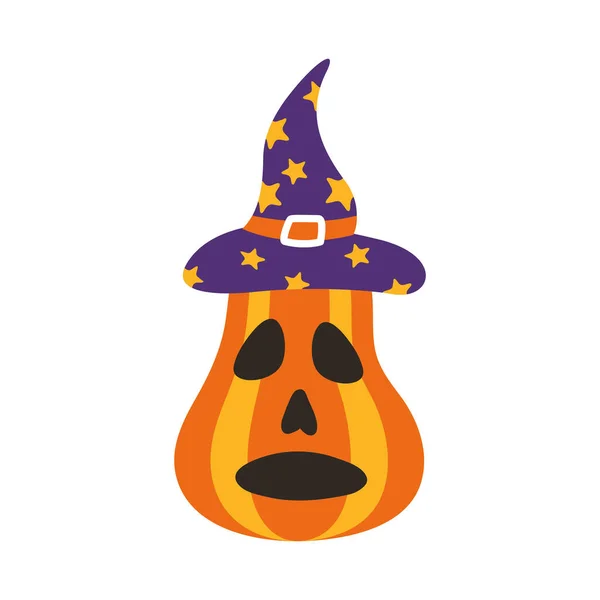 Halloween pompoen met heks hoed platte stijl icoon — Stockvector