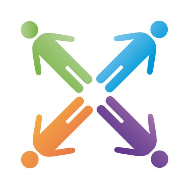 Bozulan biçim simgesi etrafında bir grup erkek topluluk figürü