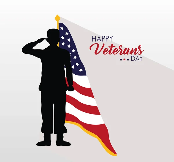 Lettrage heureux de jour des anciens combattants avec le drapeau des Etats-Unis et saluant soldat — Image vectorielle