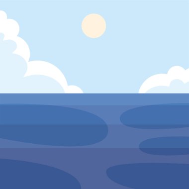 Bulutlu deniz ve güneş manzarası arka plan vektör tasarımı