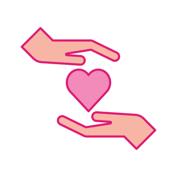 Coração entre linha de mãos e design de vetor ícone de estilo de preenchimento — Vetor de Stock