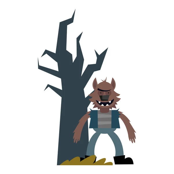 Halloween hombre lobo de dibujos animados con diseño de vectores de árbol desnudo — Vector de stock